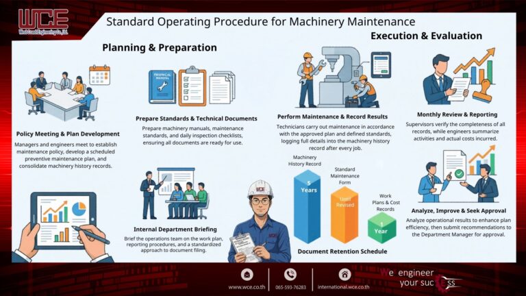 Infographic illustrating WCE's standard machinery maintenance procedures, covering pre-work preparation, safety-compliant execution, and complete job handover