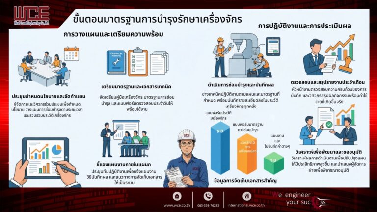 Infographic ขั้นตอนมาตรฐานการบำรุงรักษาเครื่องจักรของ WCE ครอบคลุมการเตรียมงาน การปฏิบัติงานตามมาตรฐานความปลอดภัย และการส่งมอบงาน