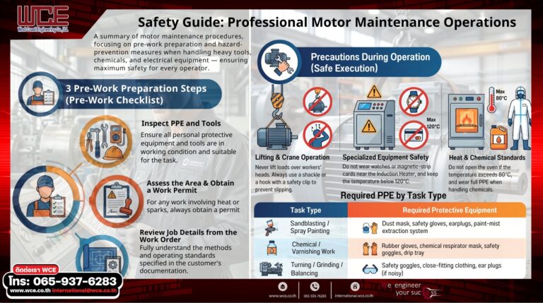 Infographic guide to motor maintenance safety covering pre-work preparation, crane operation, heat standards, and required PPE by West Coast Engineering