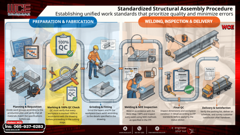 WCE standardized structural assembly procedure infographic, 6 steps from planning and 100% QC to welding, NDE, and delivery