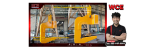 Banner for CTE's 40-ton C-hook for an overhead crane, showing the finished yellow C-hook hanging in a workshop (AI-assisted illustration)