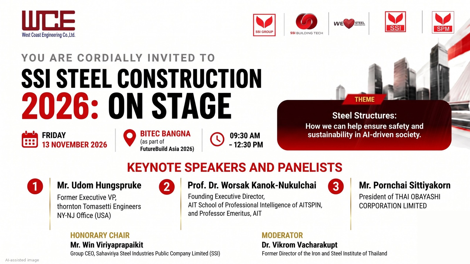 บัตรเชิญงาน SSI Steel Construction 2026: ON STAGE วันศุกร์ที่ 13 พฤศจิกายน 2569 ณ ไบเทค บางนา พร้อมรายชื่อวิทยากร