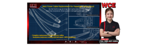 Main power cable replacement on a passenger coach – cable ends, underframe terminal box, coach on lifting jacks and inter-car cable routing (AI-generated technical illustration)