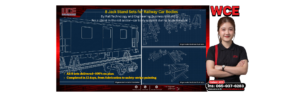 Railway jack stands supporting a car body during bogie removal, with eight finished stands (AI-generated technical illustration)