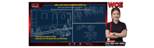 ขาตั้งรองรับ Jack Stand รองรับตัวรถไฟขณะถอดแคร่ และขาตั้ง 8 ชุดที่ผลิตเสร็จ (ภาพประกอบเชิงเทคนิค สร้างด้วย AI)